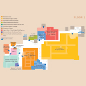 Portfolio Image 25, New clinic brochure, design and illustration on wayfinding inside and around new health clinic, floor plan infographic illustrations are color-coded 